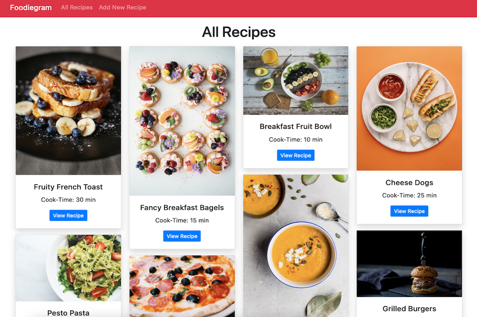 A screenshot of the Foodiegram homepage.
